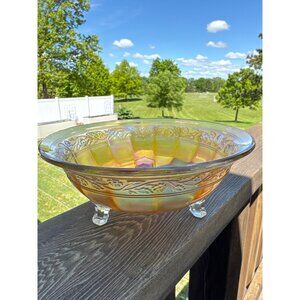 Vintage Amber Glass Pedestal Bowl iridescent Intricate Floral Etching 8.5 x 3.5"